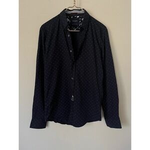 Denim & Flower Ricky Singh Mens Navy Blue Polka‎ Dot Printed Stretch Shirt Small
